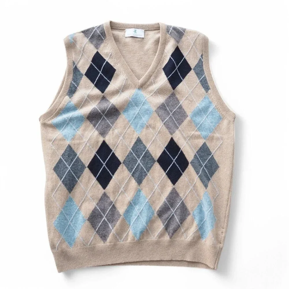 Scott & Charters Lambswool Argyle Sweater‎ Vest Made in Scotland Beige Men's M